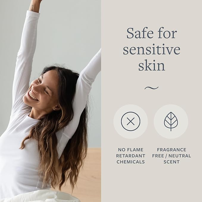 A split lay out. On the left is a woman with a big smile with both arms outstretched upwards. On the right is a text that says from the top, safe for sensitive skin, below are no flame retardant chemicals, beside it is, fragrance free or neutral scent