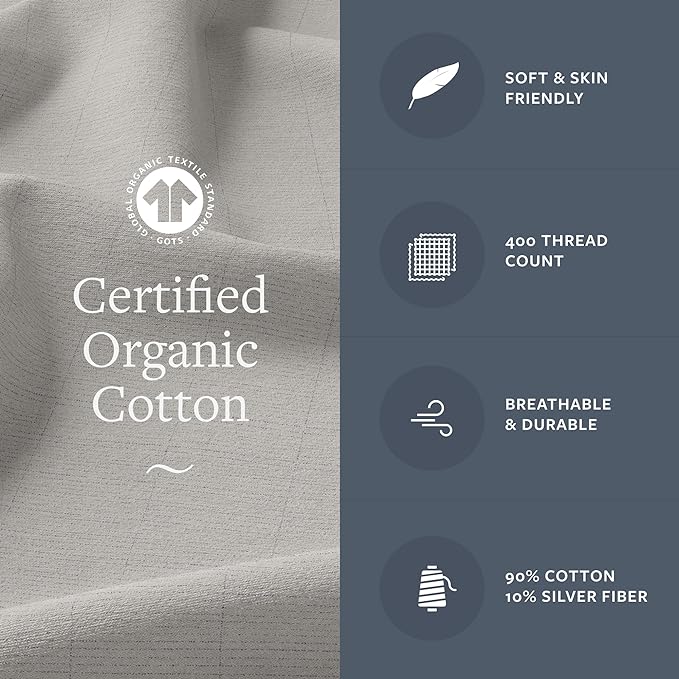 A split lay out. On the left is a close up  of a folded fabric as a background and a text overlay in the center where a logo of a circle with what looks like a cut out shirt with words that surround it that says global organic textile standard, gots. Below it in bigger text bearing certified organic cotton. On the right highlights 4 features, soft and skin friendly, 400 thread count, breathable and durable, and 90% cotton 10% silver fiber