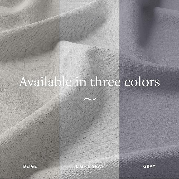 A folded fabric in the background, divided into 3 different color swatches, with text below beige, light gray, gray. A larger text is in the middle that says Available in three colors.
