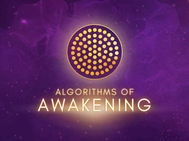 Promotional graphic for 'Algorithms of Awakening' course, featuring a purple background with a golden ratio circle and the course title.
