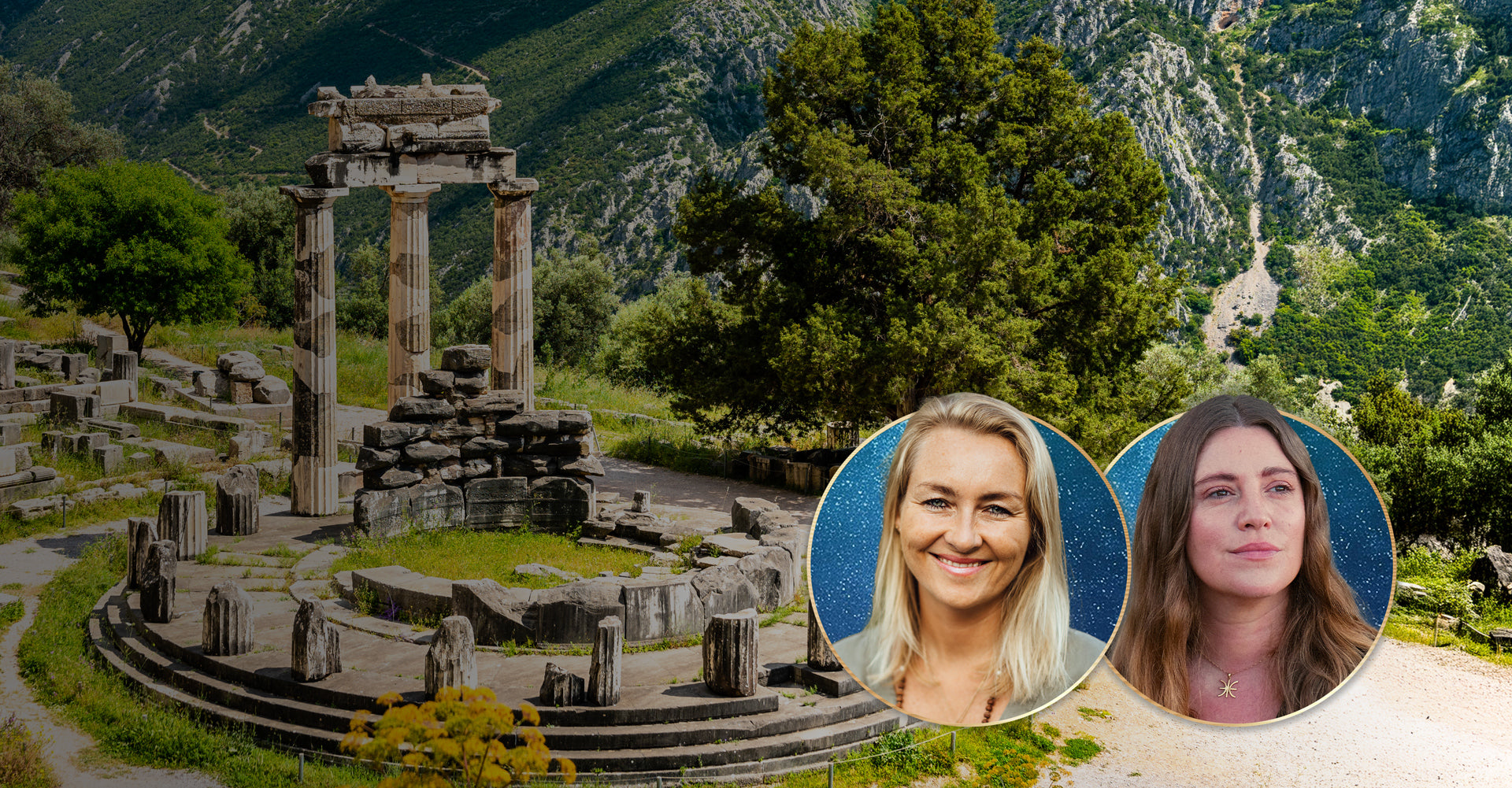 A ruin of an ancient temple with only three columns standing amongst the circle of columns.  It is surrounded by trees and mountains. Two headshots of women on the bottom right