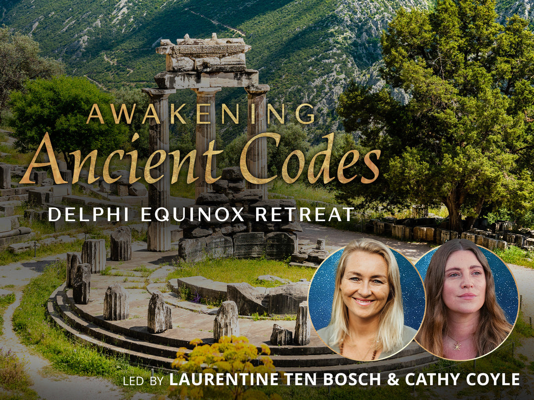 A ruin of an ancient temple with only three columns standing amongst the circle of columns.  It is surrounded by trees and a mountain. In the center is overlay of text that says Awakening, Ancient Codes, Delphi Equinox retreat.  Two headshots of women on the bottom right with a text below it, Led by Laurentine Ten Bosch and Cathy Coyle