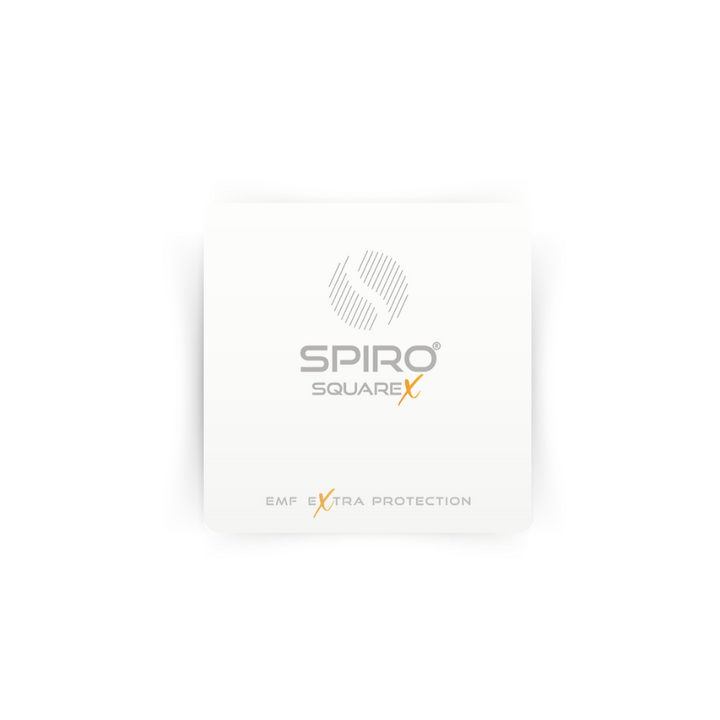 A white square with text in the middle, Spiro square x, EMF extra protection