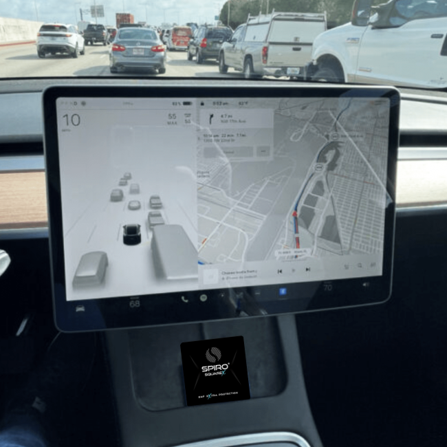A navigation tab of the car in close up and a black square card is below it with a text Spiro square x EMF extra protection 
