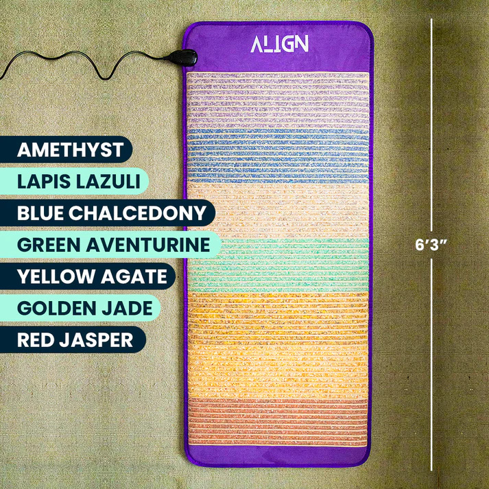 A mat, front facing, has a logo text above that says Align. Power cord is attached to the mat. A text on the left side, from the top says amethyst, lapis lazuli, blue chalcedony, green aventurine, yellow agate, golden jade, red jasper. On the right indicates a number, 6 feet 3 inches.