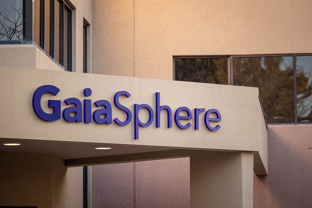 Image of Gaisphere logo on exterior of Gaiasphere building