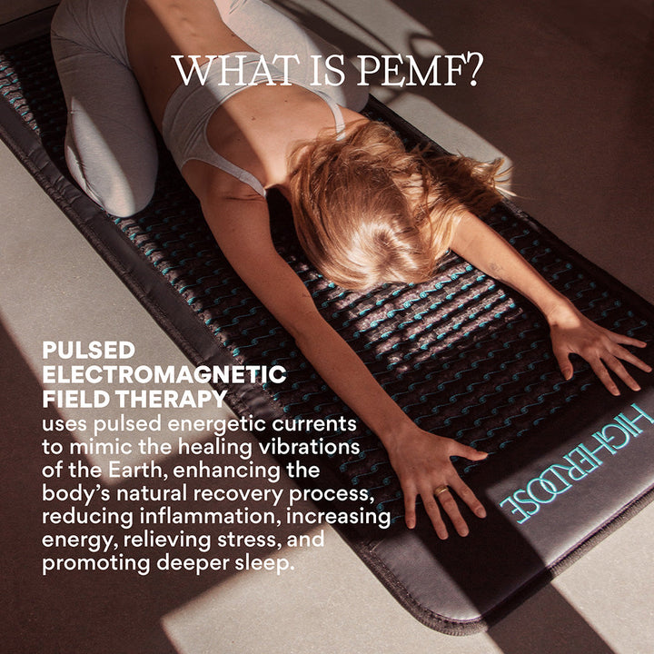 A woman, on her exercise clothes, is on the mat placed on the floor, kneeling with her body extended on the front, her head down on the mat, and her arms extending over head as well.
A text overlay says, What is PEMF? pulsed electromagnetic field therapy uses pulsed energetic currents to mimic the healing vibrations of the Earth, enhancing the body's natural recovery process, reducing inflammation, increasing energy, relieving stress, and promoting deeper sleep