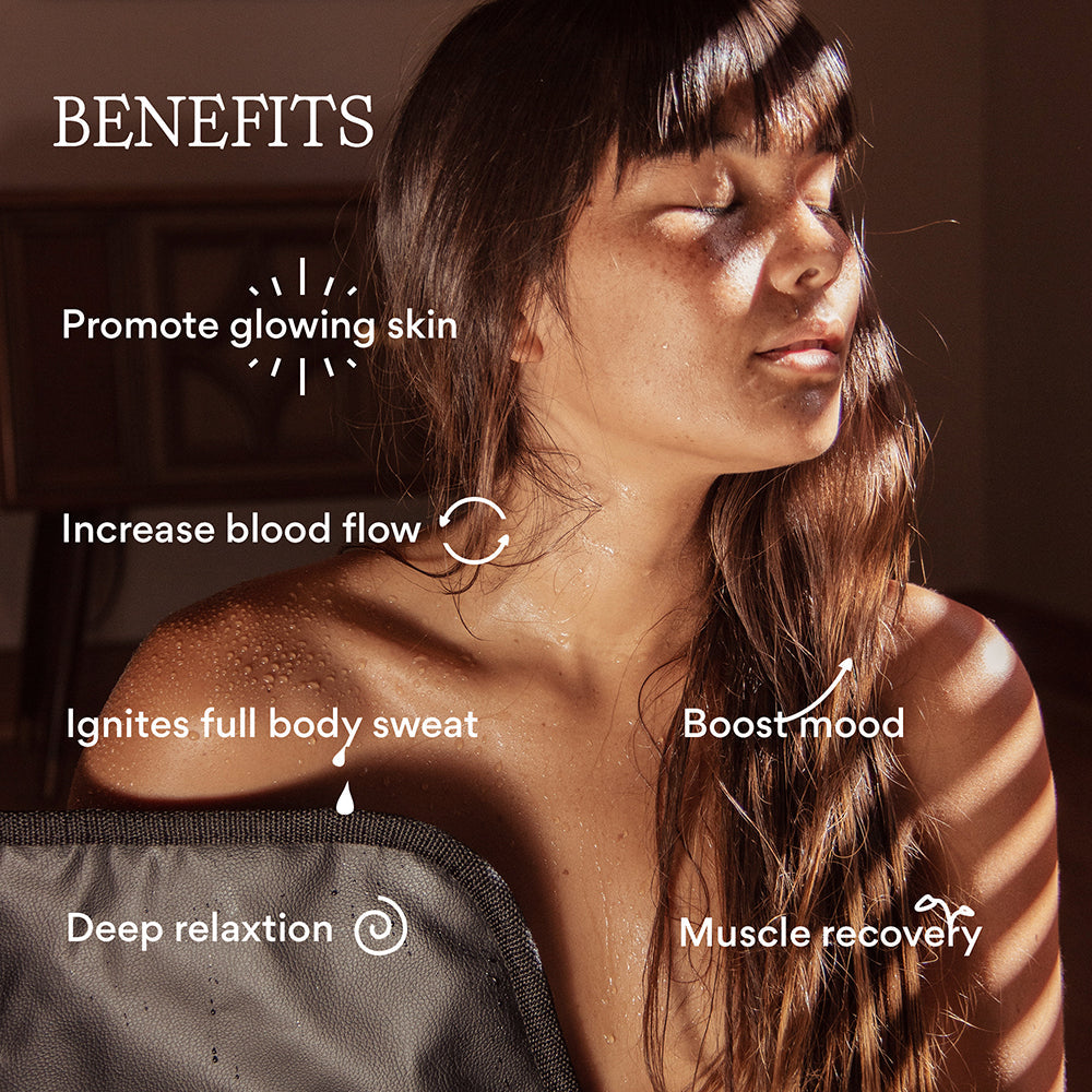 A close up, front facing of a woman, her eyes closed, facing the sun light going through a window horizontal grids, perspiring, a mat covers her right side just under her shoulder blades, and her hair cascading on the left side. A text overlay on the left says benefits, promote glowing skin, increase blood flow, ignites full body sweat, deep relaxation, boost mood, muscle recovery