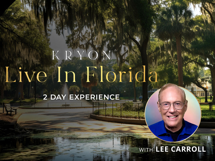 A park with trees and a bench as background and text that says Kryon, Live in Florida, 2 day experience with a headshot of a man in glasses on the lower right bottom and underneath a text that says, With Lee Carroll