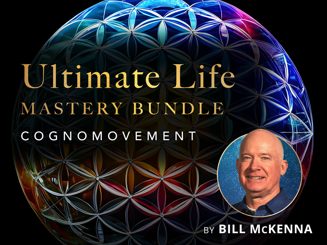 A multi-colored sphere, interlocked with flower of life shape and a text that says Ultimate Life Mastery Bundle Cognomovement with a circularthumbnail picture of a headshot of a man and a text below it, By Bill McKenna