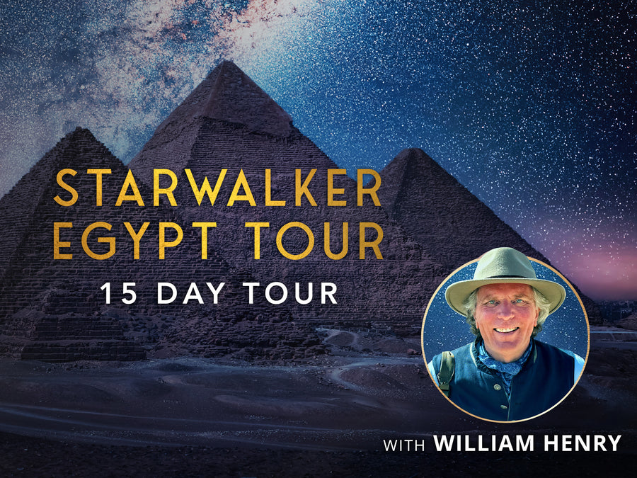 it shows the full front of the great pyramids under the dark skies that are full of stars with a text overlay in the middle that says Starwalker Egypt tour, 15 day tour. A headshot of a man with a medium-sized fedora with a text below, with William Henry