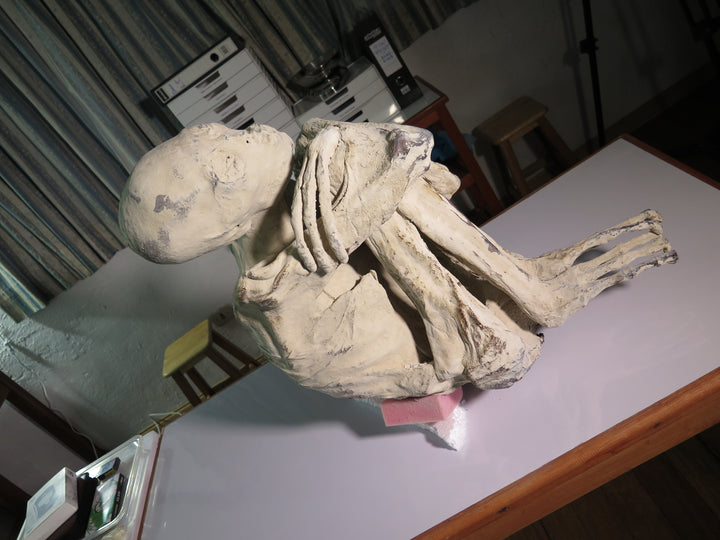 A mummy placed on top of a table, hugging its knees with its hands crossed over it