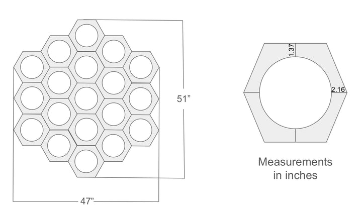 A drawing of linking hexagon with circles in each of them with measurements and a closer up drawing of one hexagon with a circle inside with measurements