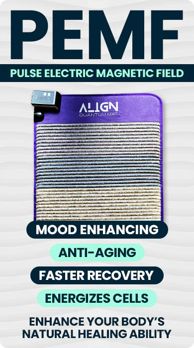 A text above says PEMF, pulse electric magnetic field. A picture of the top half of the mat with its remote, below are text that says, mood enhancing, anti-aging, faster recovery, energizes cells, enhance body's natural healing ability