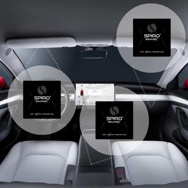 Inside the front portion of a car and three circles that have a black square inside with a text Spiro square x, EMF extra protection