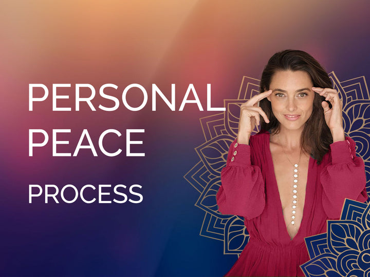 Gradient colors with a text that says Personal Peace Process with a woman  on the right side, wearing a dress, both her fingers are on her temple and she has a graphic lotus in the background and foreground.