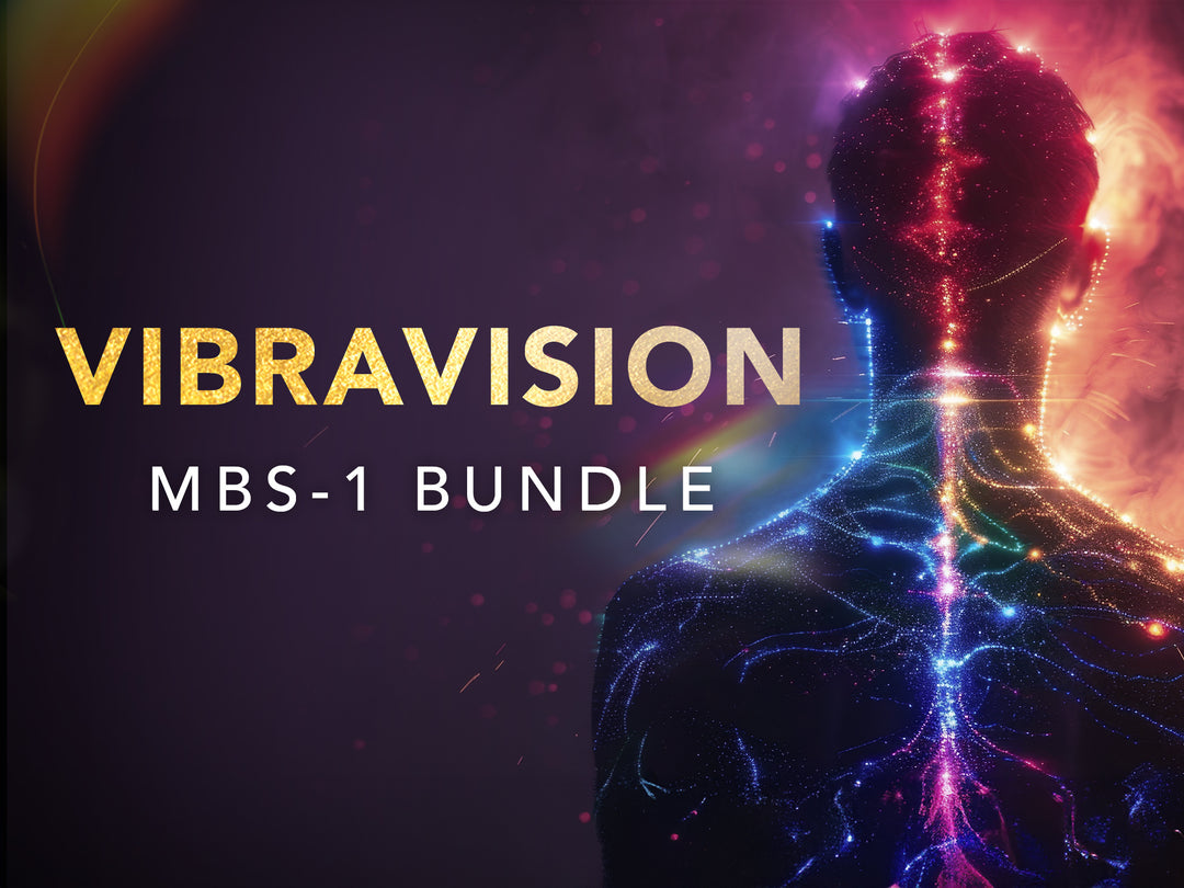 A silhouette of a person's back appears to have a glowing colorful line that starts from his head straight to his spine, and the glow of colors spreading out in a vein like manner. A text overlay on the right side that says Vibravision, MBS - 1 bundle