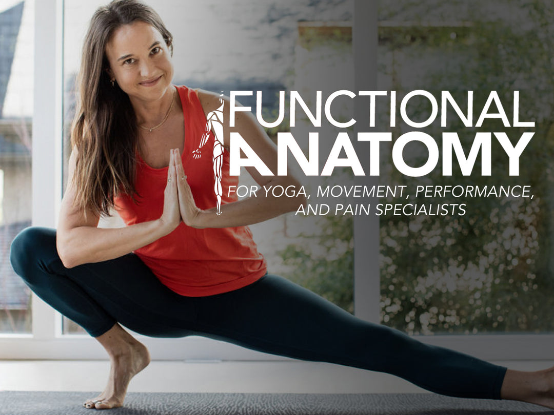 A woman poses in the middle her left leg stretched on the side, almost touching the floor and her right leg bent on the right side and her heel up with the front ball of her foot touching to balance. Her palms facing together in front of her chest. A text overlay in the right side says Functional anatomy, for yoga, movement, performance, and pain specialists and cartoonish half of a human's back, outlined with muscles in the side of the texts.