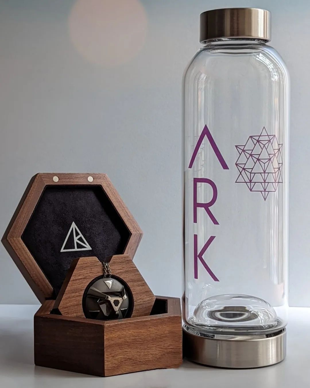 ARK crystal pendant in box and the ARK water bottle