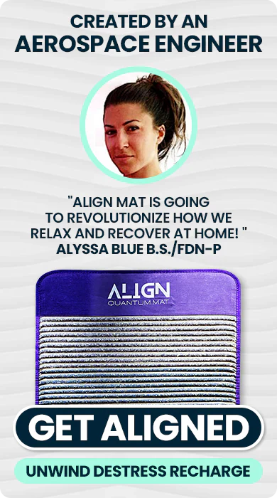 A text above says Created by an aerospace engineer, a headshot of woman below it, a text below her says align mat is going to revolutionize how we relax and recover at home, Alyssa Blue B.S/FDN-P. A picture of the top mat below it, with a text logo that says Align quantum mat. Below is a text, get aligned, unwind, destress, recharge.