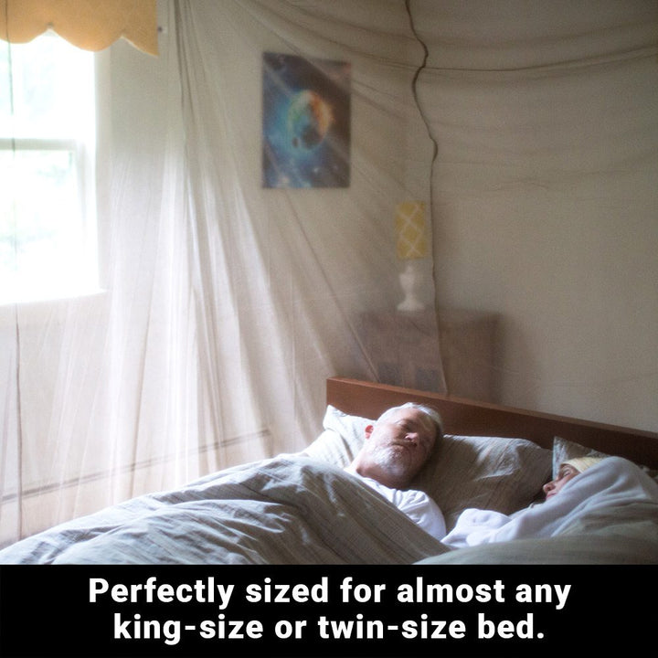 A couple sleeping inside a canopy of fabric in the bedroom, with daylight shining from the window. Below is a text that bears perfectly sized for almost any king-size or twin-size bed.