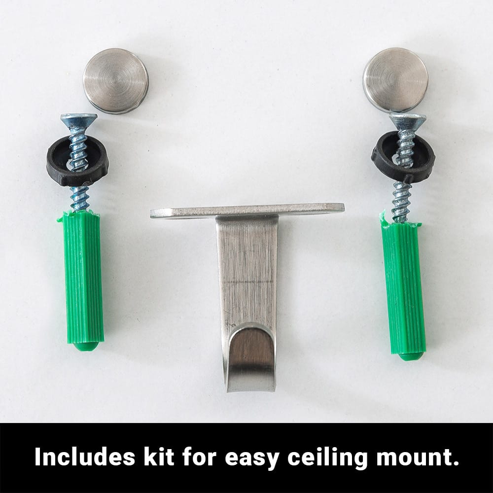 A metal bracket in the middle, on each side is  set of screws with green plastic anchor and metal caps. A text below says, includes kit for easy ceiling mount.