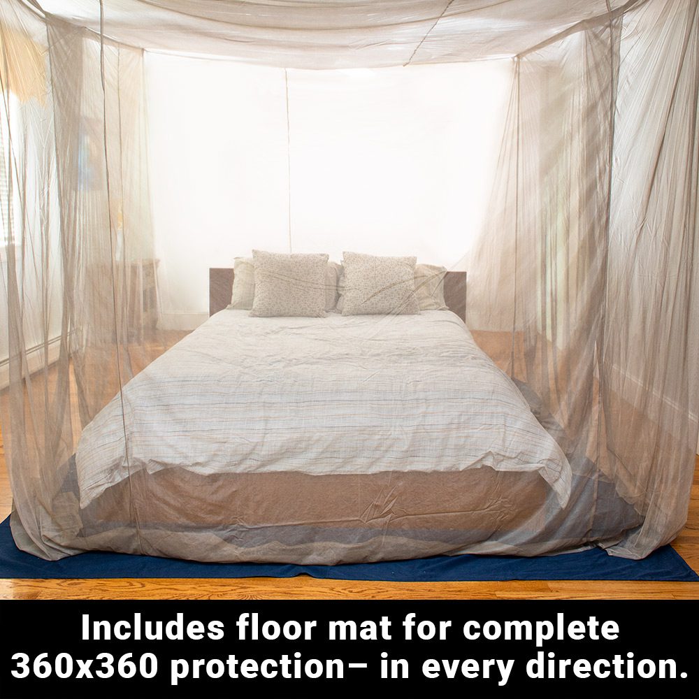 A picture of a bed with pillows and duvet, covered with a canopy of fabric. a text below it, includes floor mat for complete 360 by 360 protection - in every direction