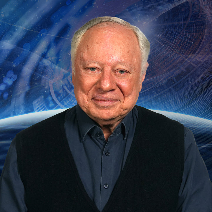 A headshot of a man with a background of faint geometric lines and one eight of the Earth's surface