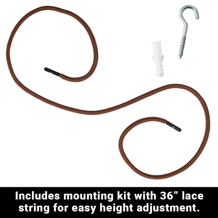 A flat lay of items. A string in the middle that resembles the letter S, a plastic insert for a screw on hook with a text below, includes mounting kit with 36 inches lace string for easy height adjustment